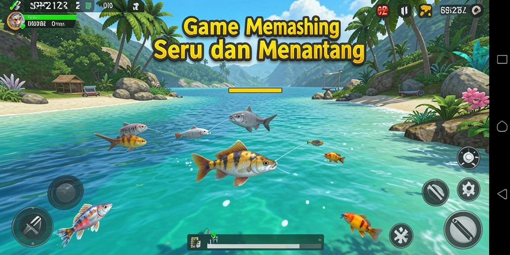 Screenshot gameplay SP212 yang menunjukkan aksi memancing yang seru.